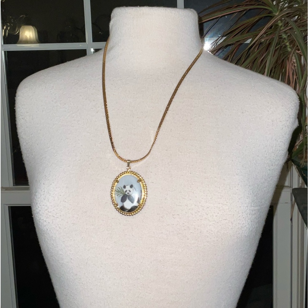 Vintage Panda Pendant necklace Gold tone